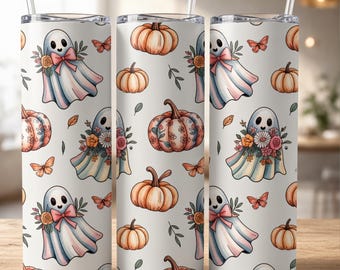 花柄ゴーストタンブラーラップPNG、ハロウィンパンプキン20オンススキニータンブラー昇華デザイン、不気味な秋のデジタルダウンロードインスタント