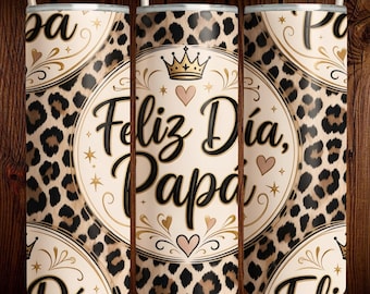 Feliz Día Papá タンブラーラップ、20オンス スキニータンブラー昇華デザイン、ヒョウ柄父の日PNG、スペイン語のお父さんへのギフトデジタルダウンロード