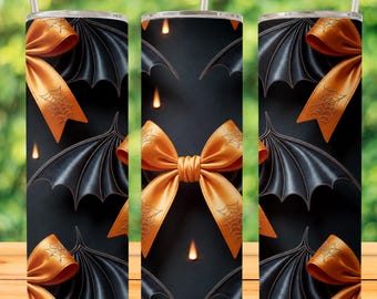 コケット ハロウィン タンブラーラップ 20オンス スキニータンブラーラップ 昇華プリント PNG 不気味なオレンジのリボン コウモリの羽 シームレス