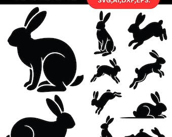 うさぎのSVGバンドル、うさぎのシルエットクリップアート、イースターのジャンプするうさぎのカットファイル（デジタルダウンロード）