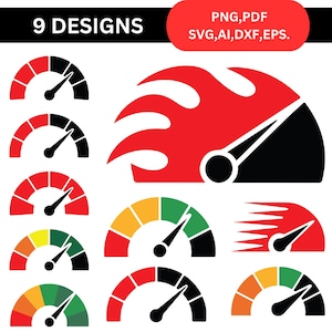 Può includere: Nove design di tachimetri in vari colori, tra cui rosso, giallo, verde e nero. Ogni design presenta un indicatore con un ago che indica diversi livelli. Il testo in alto recita "9 DESIGNS" e "PNG, PDF, SVG, AI, DXF, EPS."