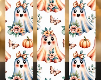 Cute Ghost Tumbler Wrap PNG, 20oz Skinny Sublimation Design, Floral Pumpkin Halloween Fall Digital Download
