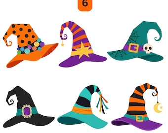 Puede incluir: Una colección de seis sombreros de bruja coloridos en varios diseños. Los sombreros presentan colores naranja, morado, turquesa y negro con elementos decorativos como estrellas, lunas y calaveras. La imagen incluye el texto "BUNDLE PACK AI PDF EPS SVG PNG" y el número "6".