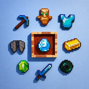 Könnte beinhalten: Eine Sammlung pixeliger, von Spielen inspirierter Gegenstände, darunter eine blaue Spitzhacke, ein brauner Totempfahl, ein blauer Brustpanzer, graue Beinschienen, ein Goldbarren, ein grüner Edelstein, ein blaues Schwert, eine dunkelgrüne Kugel und ein blauer Diamant in einem quadratischen Rahmen.