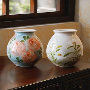 Vintage handgeschilderde bloemen keramische vaas voor bloemen, retro handgemaakt aardewerk voor bloemstuk, tafeldecoratie voor thuis