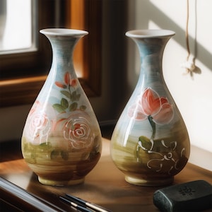 Hand-Painted Floral Ceramic Bud Vase, Small Mouth Porcelain Vase for Floral Arrangements, Home Office Tabletop Decor