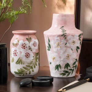 Hand-Painted Floral Ceramic Vase: Rustic Pottery Table Decor