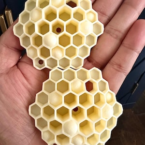 May include: Two off-white, honeycomb-shaped decorative pieces. Each piece features a hexagonal pattern with rounded cells and spherical accents. The pieces are held in a hand, with a dark blue background visible.