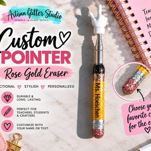 May include: A telescopic pointer featuring a white hand-shaped tip and a glittery barrel with a yellow, silver, and rose gold finish. The barrel is personalized with the text Ms. Hoeschen. The design includes a metallic extendable shaft.