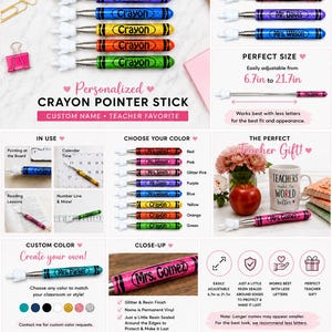 May include: A set of extendable crayon-shaped pointer sticks with a white hand-shaped tip. The pointers are available in red, pink, glitter pink, purple, blue, yellow, orange, and green. Each stick is adjustable from 6.7 inches to 21.7 inches.