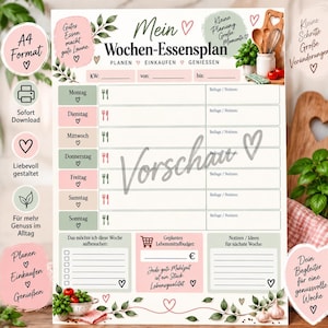 May include: A weekly meal planner template in A4 format with a white background, featuring sections for Monday through Sunday, a grocery budget, and notes. The design includes soft pink and sage green accents, heart icons, and kitchen illustrations.