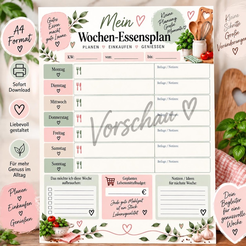 May include: A weekly meal planner template in A4 format with a white background, featuring sections for Monday through Sunday, a grocery budget, and notes. The design includes soft pink and sage green accents, heart icons, and kitchen illustrations.