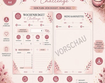 May include: A two-page A4 weekly budget challenge planner template in soft pink with floral accents. The layout includes sections for weekly goals, starting budget, expenses, and notes, featuring German text like WOCHENBUDGET Challenge.