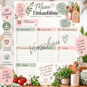 May include: A printable A4 grocery list planner featuring sections for produce, meat, fish, dairy, bread, pantry items, and beverages. The design includes soft pink and green accents, heart illustrations, and German text headers like Meine Einkaufsliste.