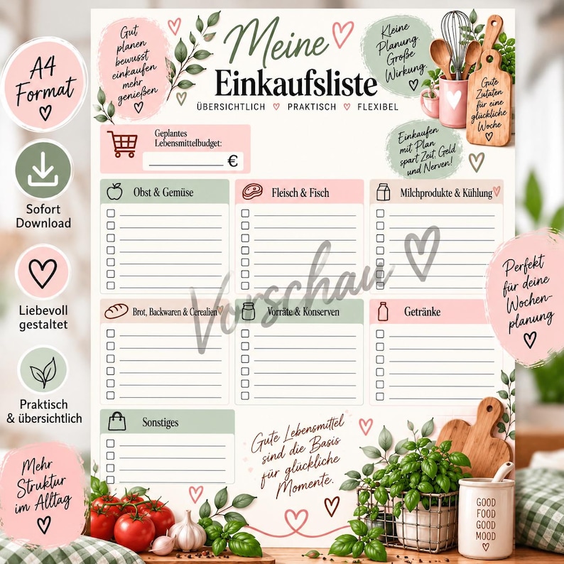 May include: A printable A4 grocery list planner featuring sections for produce, meat, fish, dairy, bread, pantry items, and beverages. The design includes soft pink and green accents, heart illustrations, and German text headers like Meine Einkaufsliste.