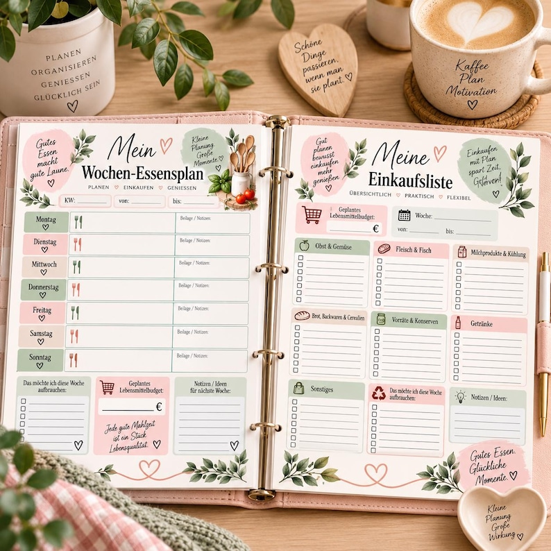 May include: A ring-bound planner open to two pages featuring a weekly meal plan on the left and a grocery shopping list on the right. The pages are decorated with soft pink and green accents, botanical illustrations, and German text headings.