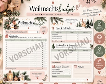 May include: A two-page A4 PDF Christmas budget planner titled "Weihnachtsbudget" by Planerliebe. The document features tables for tracking gift expenses, food and drink costs, and holiday activities, decorated with festive pine and house icons.