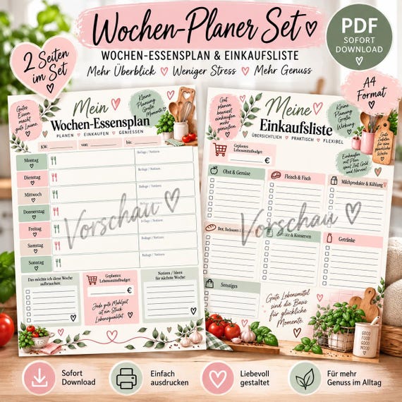 Wochen Essensplan PDF | Speiseplan & Einkaufsliste A4 | Wochenplaner Mahlzeiten | Essensplan zum Ausdrucken