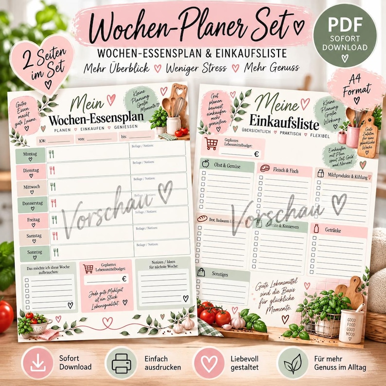 May include: A digital weekly meal planner and grocery list set in A4 format. The documents feature sections for daily meal planning, shopping categories, and budget tracking, decorated with botanical illustrations, hearts, and kitchen motifs.