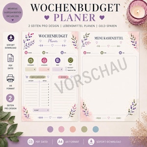 Peut inclure: Un modèle de planificateur budgétaire hebdomadaire numérique comprenant deux pages A4 avec des motifs floraux violets et roses. La mise en page inclut des sections pour les dépenses, les courses et des notes, avec le texte WOCHENBUDGET PLANER.