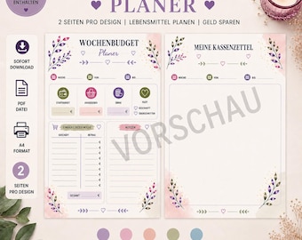 May include: A digital weekly budget planner template featuring two A4 pages with floral accents in purple and pink. The layout includes sections for weekly expenses, grocery lists, and notes, with German text headers like WOCHENBUDGET PLANER.