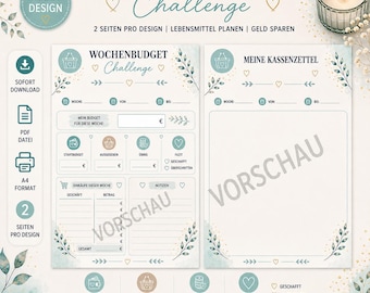 May include: A two-page weekly budget challenge printable planner in A4 format. The pages feature a light cream background with teal and gold accents, including leaf illustrations, heart icons, and German text headers like Wochenbudget Challenge.
