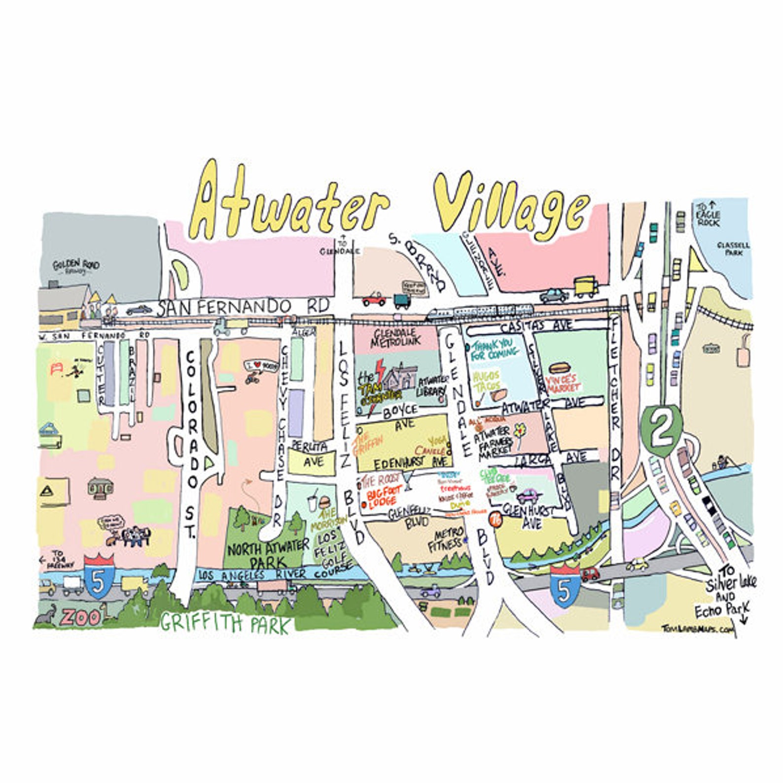 Atwater Village CA Map Print HandDrawn L.A. California Art Etsy