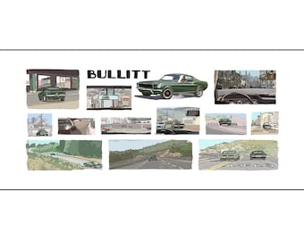 Bullitt Mustang signed print limited edition movie location illustration