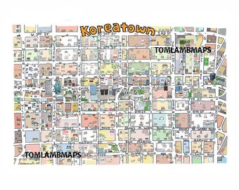 Koreatown Los Angeles Map Print Hand-Drawn L.A. California Art Artists Home Illustration Cartography Urban City Custom Street Realty