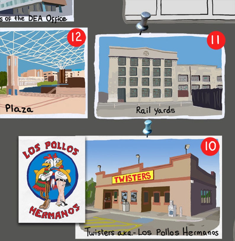 以下が含まれることがあります： 広場、線路、そして「Twisters a.k.a. - Los Pollos Hermanos」というファストフードレストランを描いた画像のコラージュ。レストランは黄色と赤の外観で、「Twisters」と書かれた看板があります。