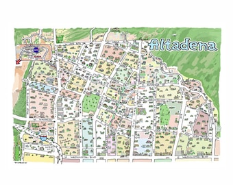 Altadena Los Angeles CA Map Print Hand-Drawn L.A. California Art Illustration Cartography Urban City Custom Drawing
