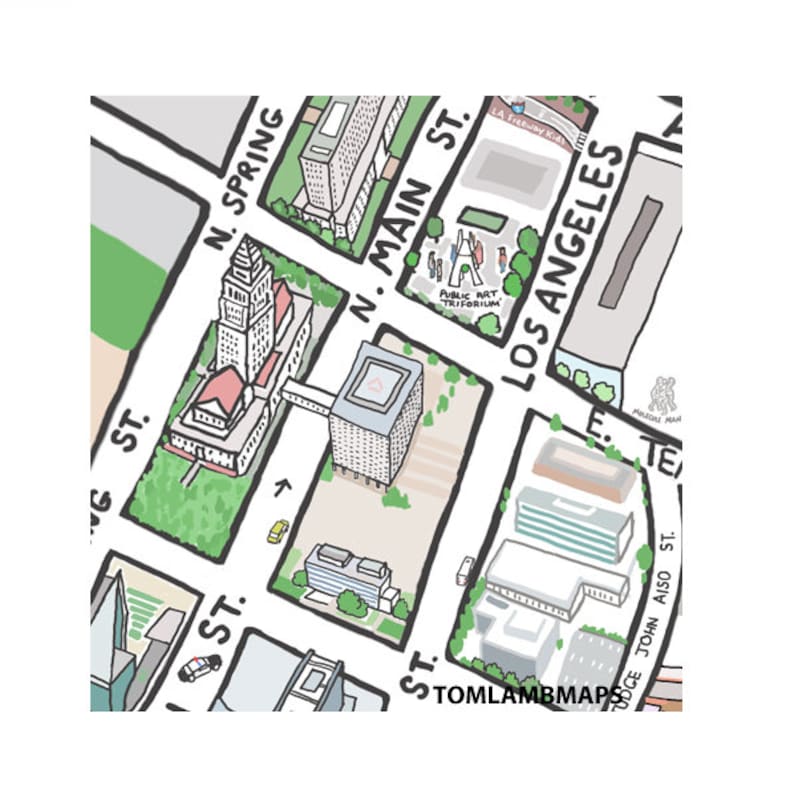 Little Tokyo Los Angeles CA Map Print Handdrawn L.A. California Mountain Green Art Illustration
