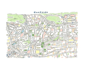 Eastside Los Angeles Map Print Hand-Drawn Los Angeles California Art Home Illustration Cartography Urban City Custom Street Drawing