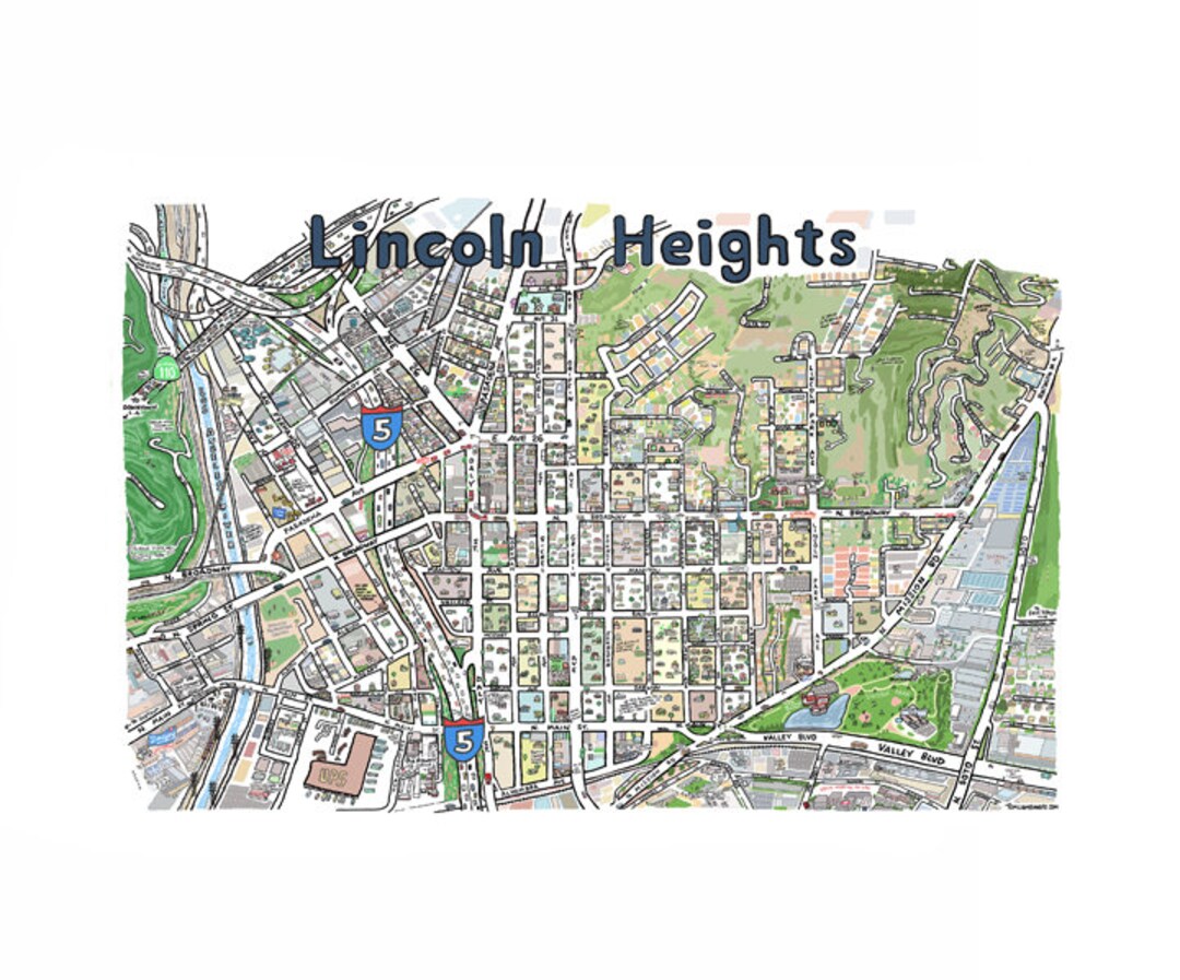 Lincoln Heights CA Map Print Handdrawn L.A. California Art Home
