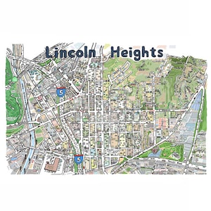 Lincoln Heights CA Mapa Impressão Desenhado à Mão L.A. Califórnia Arte Casa Ilustração Cartografia Urbana Personalizada Desenho de Rua Imobiliário Hipster