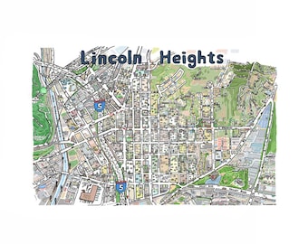 Lincoln Heights CA Map Print Hand-Drawn L.A. California Art Home Illustration Cartography Urban  Custom Street Drawing Real Estate Hipster