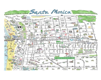 Santa Monica and Venice CA Map Print Hand-Drawn California Art Beach Ocean Home Illustration Cartography Urban City Custom Street Drawing