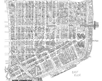 Mapa dibujado a mano de la ciudad de Nueva York del Lower East Side, impresión de mapas cartográficos