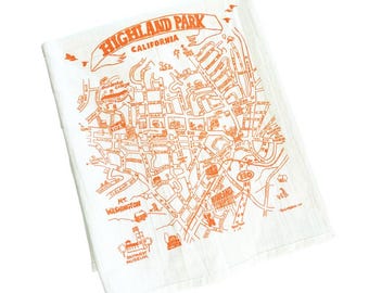 Highland Park CA map dish towel hand drawn silk screen print gift original design FREE SHIPPING