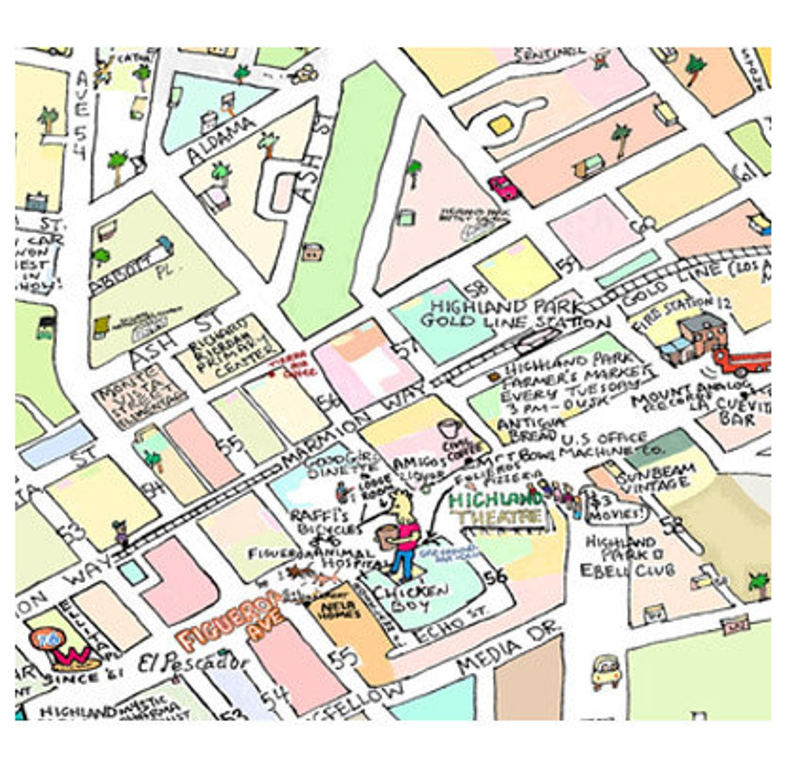 Highland Park CA Map Print Handdrawn L.A. California Art Home Etsy