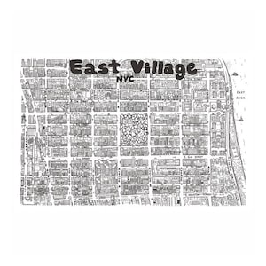 Mapa dibujado a mano impreso en East Village, Nueva York. Cartografía. Arte cartográfico.