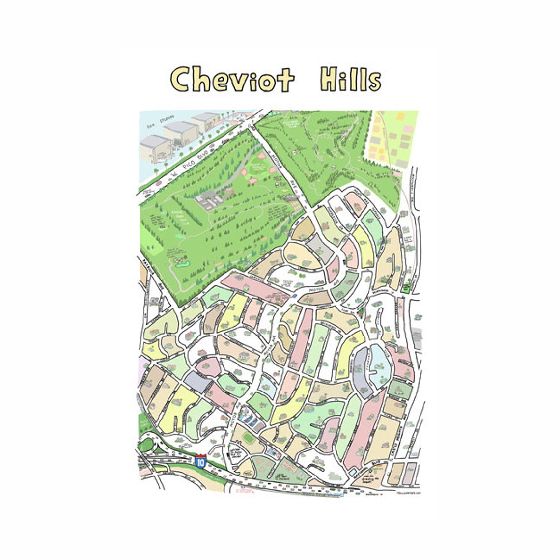 Cheviot Hills Los Angeles L.A. Handdrawn Map Print California Etsy