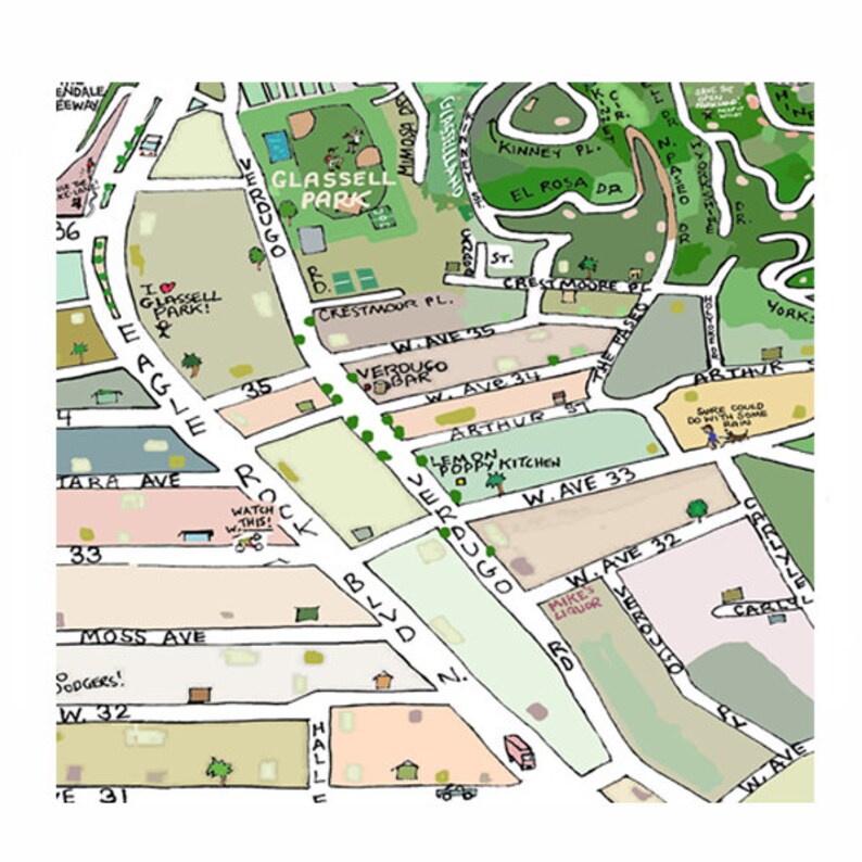 Glassell Park CA Map Print HandDrawn L.A. California Art Home Etsy