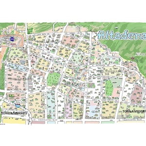 アルタデナ ロサンゼルス CA マップ プリント 手描き L.A. カリフォルニア アート イラスト 地図作成 都市 カスタム ドローイング