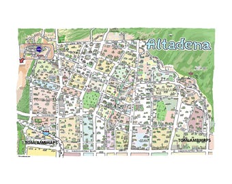 Hand-Drawn Altadena CA Map Art Print, Los Angeles Illustration