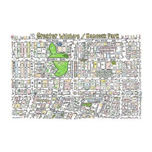 Puede incluir: Un mapa dibujado a mano de Greater Wilshire / Hancock Park, con nombres de calles y puntos de referencia. El mapa presenta un área verde de parque y está etiquetado con nombres de calles como Melrose Ave, Beverly Blvd y Wilshire Blvd.