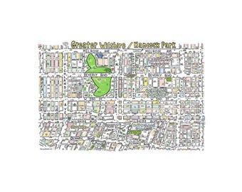 Greater Wilshire Hancock Park, CA Hand-Drawn Map Art Print