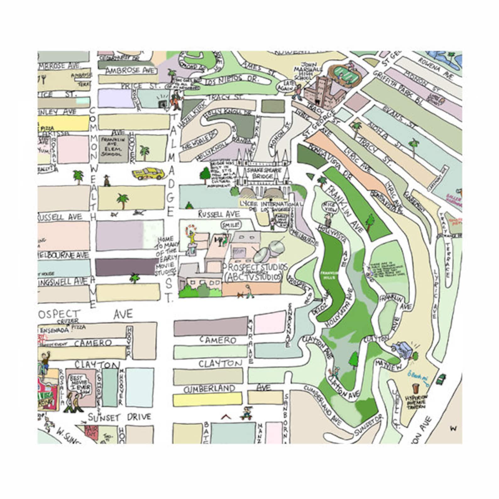 Los Feliz CA Map Print Hand-drawn Los Angeles California Art Home