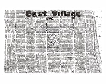 East Village New York City Hand drawn map print cartography map art