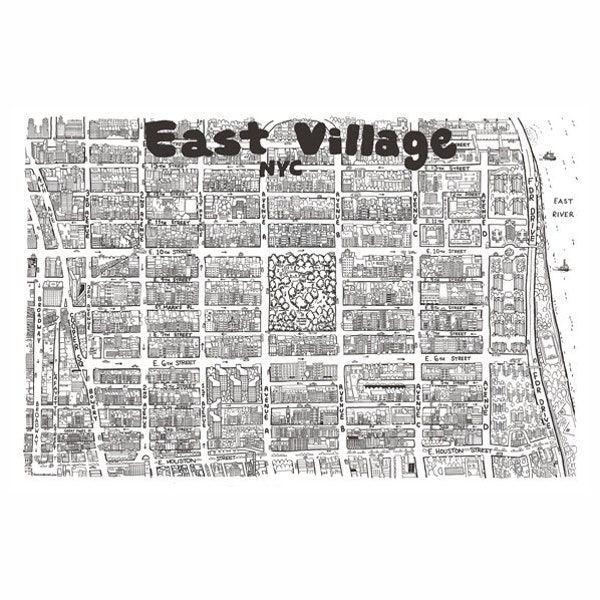 East Village New York City Hand drawn map print cartography map art